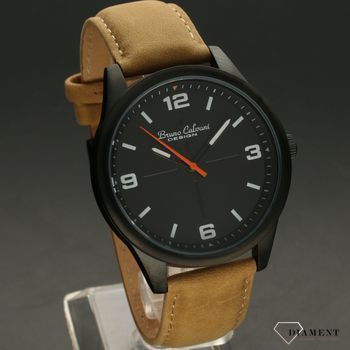 Zegarek męski BRUNO CALVANI BC90273 brązowy pasek.  Zegarek męski z tarczą w kolorze czarnym, pasek wykonany z najwyższej jakości skóry w kolorze brązowym. Tarcza zegarka w kolorze czarnym z białymi indeksami i (4).jpg